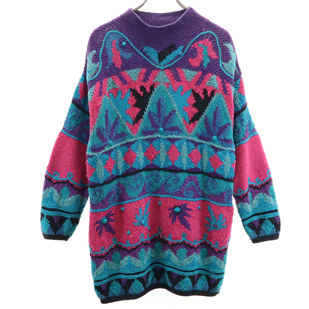 SEGRETS SUN PRINTS 90s リネンブレンド オールド 総柄 長袖 チュニック丈 セーター L ブルー系 ニット レディース