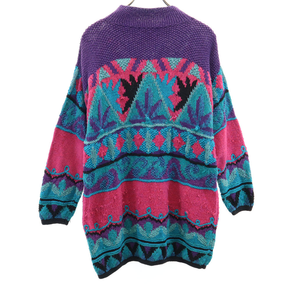 SEGRETS SUN PRINTS 90s リネンブレンド オールド 総柄 長袖 チュニック丈 セーター L ブルー系 ニット レディース