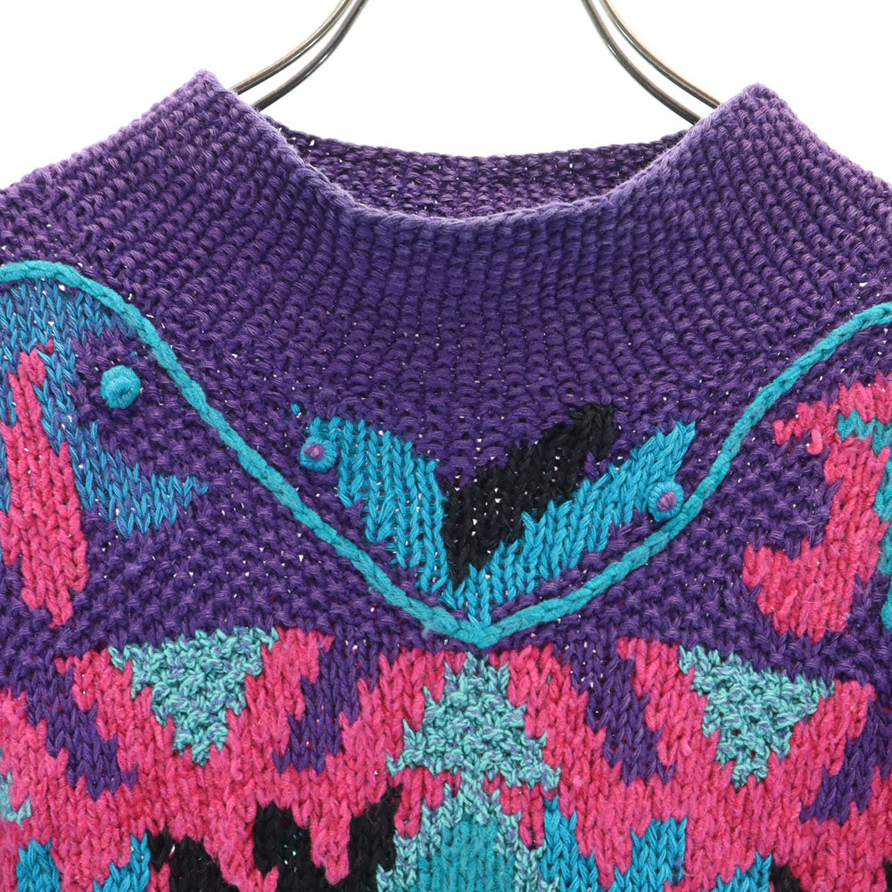 SEGRETS SUN PRINTS 90s リネンブレンド オールド 総柄 長袖 チュニック丈 セーター L ブルー系 ニット レディース