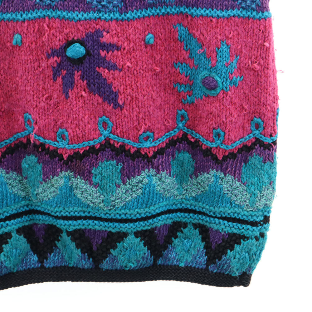 SEGRETS SUN PRINTS 90s リネンブレンド オールド 総柄 長袖 チュニック丈 セーター L ブルー系 ニット レディース