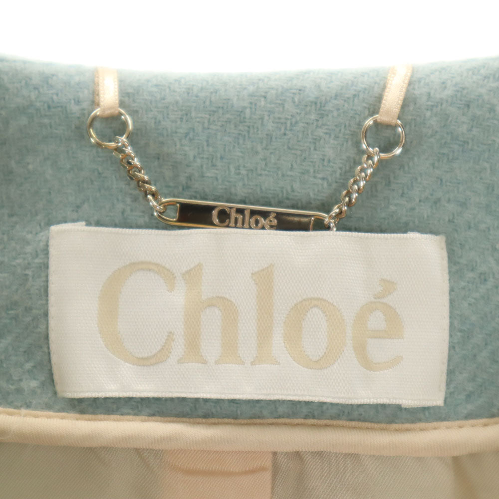 Chloe クロエ フランス製 ノーカラーコート 36 くすみライトブルー系 比翼 レディース