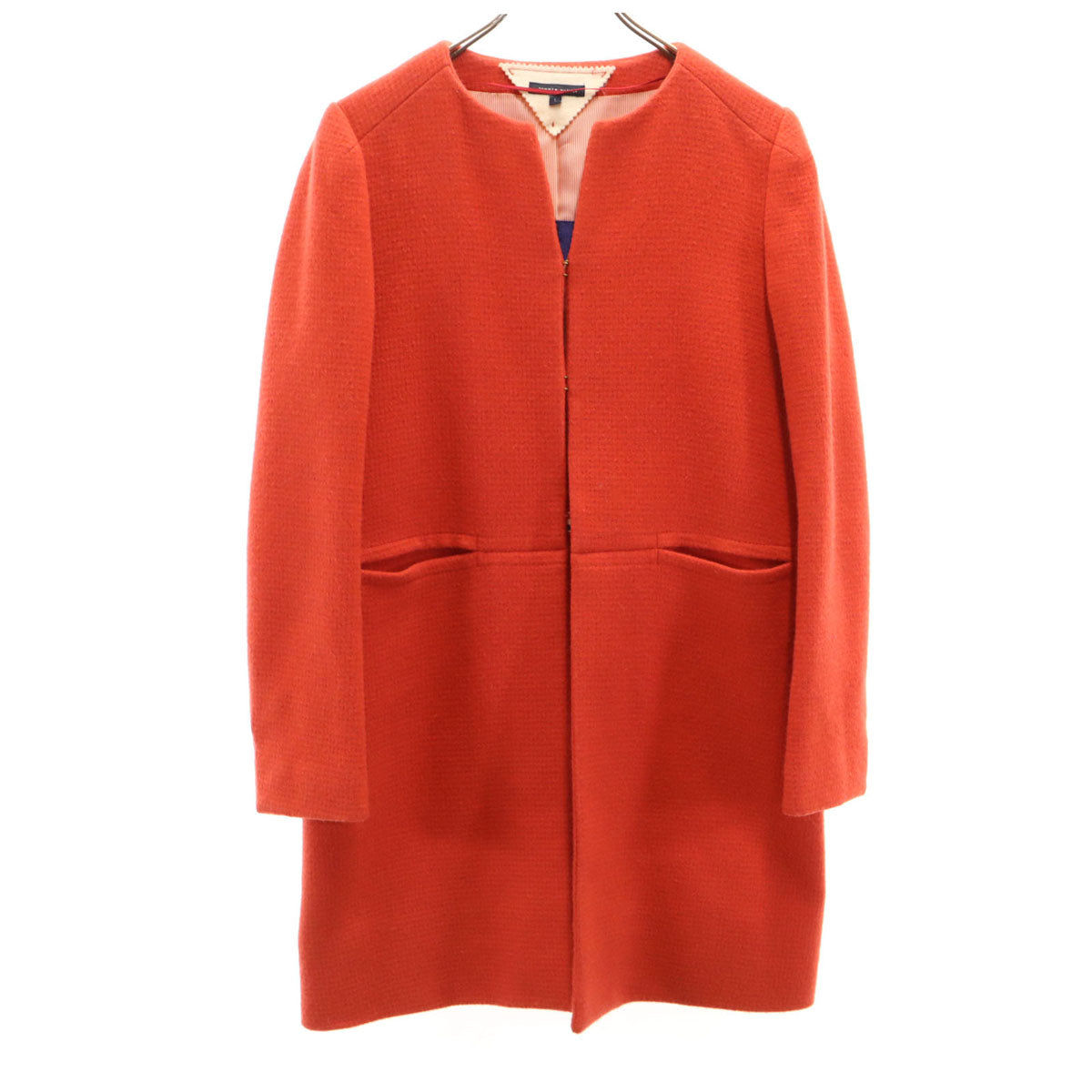 TOMMY HILFIGER トミーヒルフィガー ノーカラーコート L 朱色 レディース
