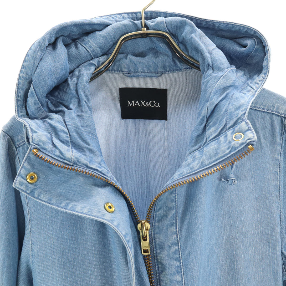 MAX&CO マックスアンドコー シャンブレー フーデッド コート 40 ブルー マックスマーラ レディース
