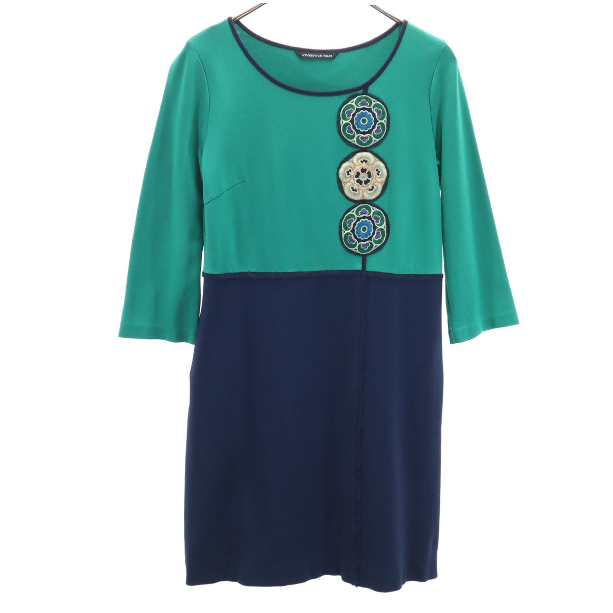VIVIENNE TAM ヴィヴィアンタム 日本製 バイカラー 7分袖 ミニワンピース 0 グリーン×ネイビー レディース