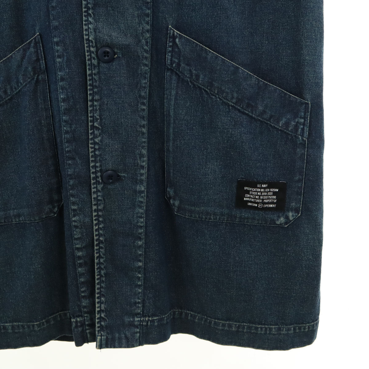 未使用 uniform experiment ユニフォームエクスペリメント 日本製 ウォッシュ加工 ショップ デニムコート 1 ウォッシュブルー 8oz ソフ メンズ
