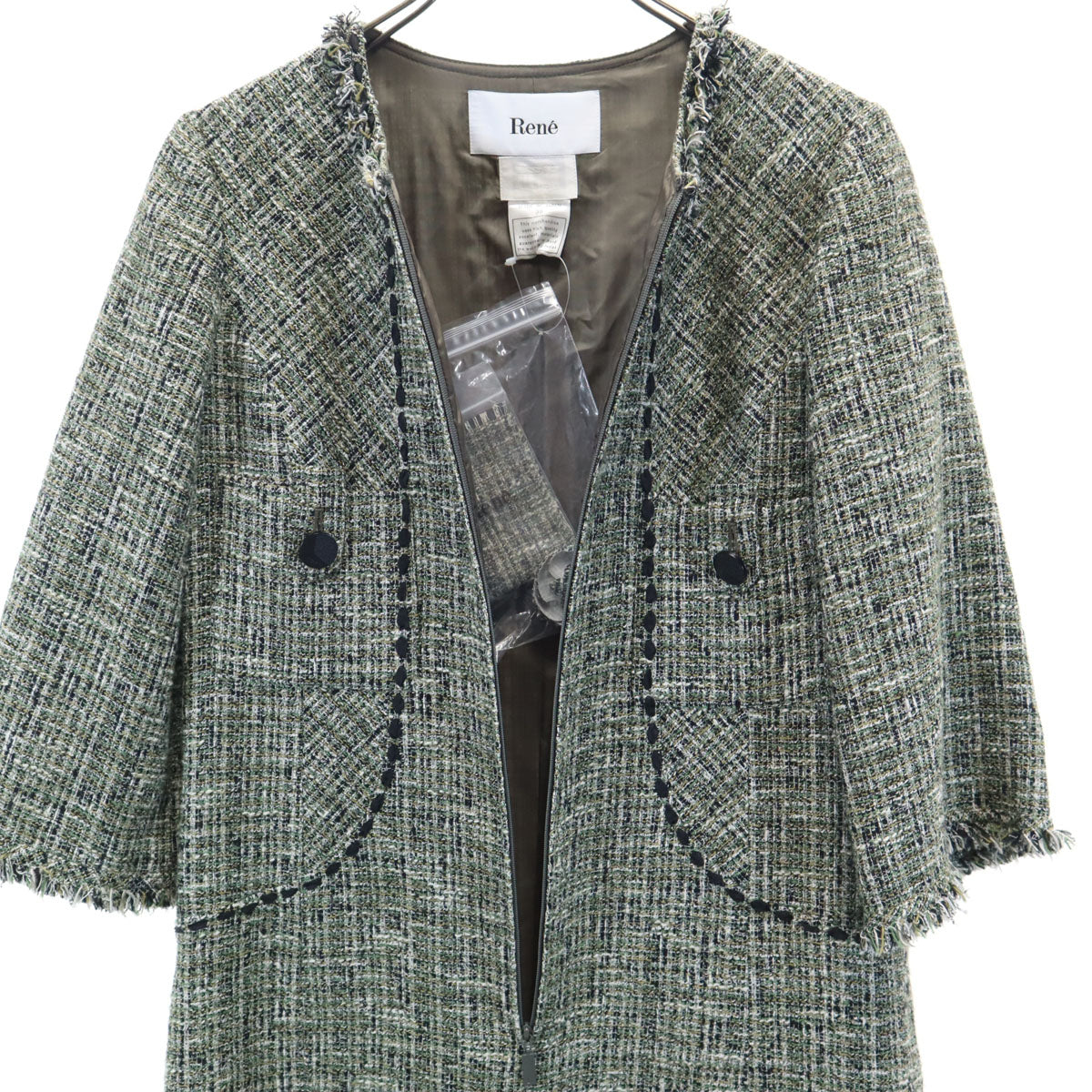 未使用 Rene ルネ 日本製 半袖 ツイード ワンピース 36 グリーン レディース
