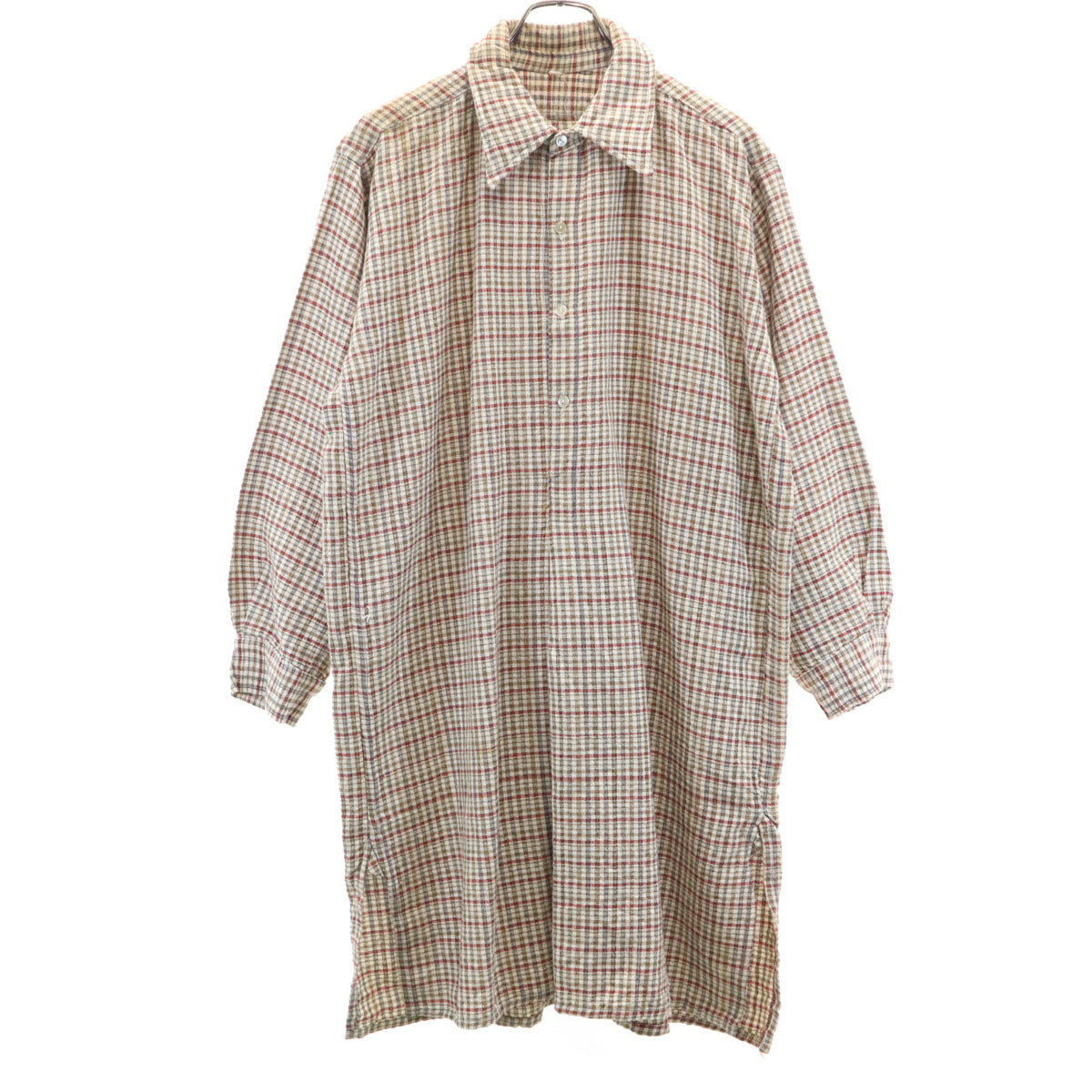 VINTAGE ヴィンテージ 40s 50s 三角マチ ヴィンテージ ユーロ チェック柄 長袖 ハーフボタン シャツ ベージュ ロングシャツ メンズ