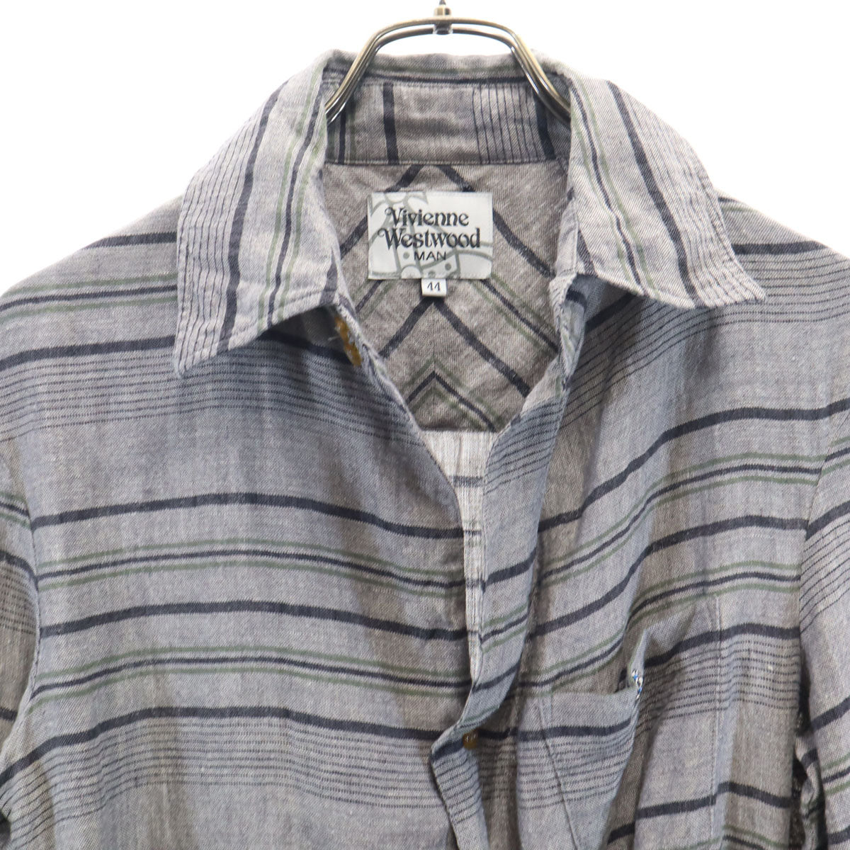 Vivienne WestwoodMAN ヴィヴィアンウエストウッドマン 日本製 オーブ ボーダー柄 長袖 ロングシャツ 44 グレー リネンシャツ メンズ