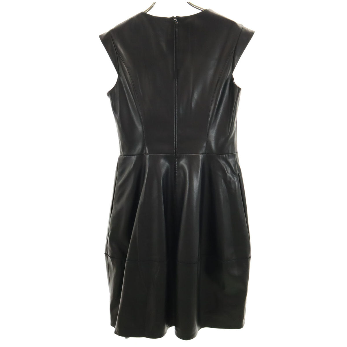 Rene ルネ 日本製 ノースリーブ フェイクレザー 膝丈ワンピース 36 ブラック インナースカート付き レディース