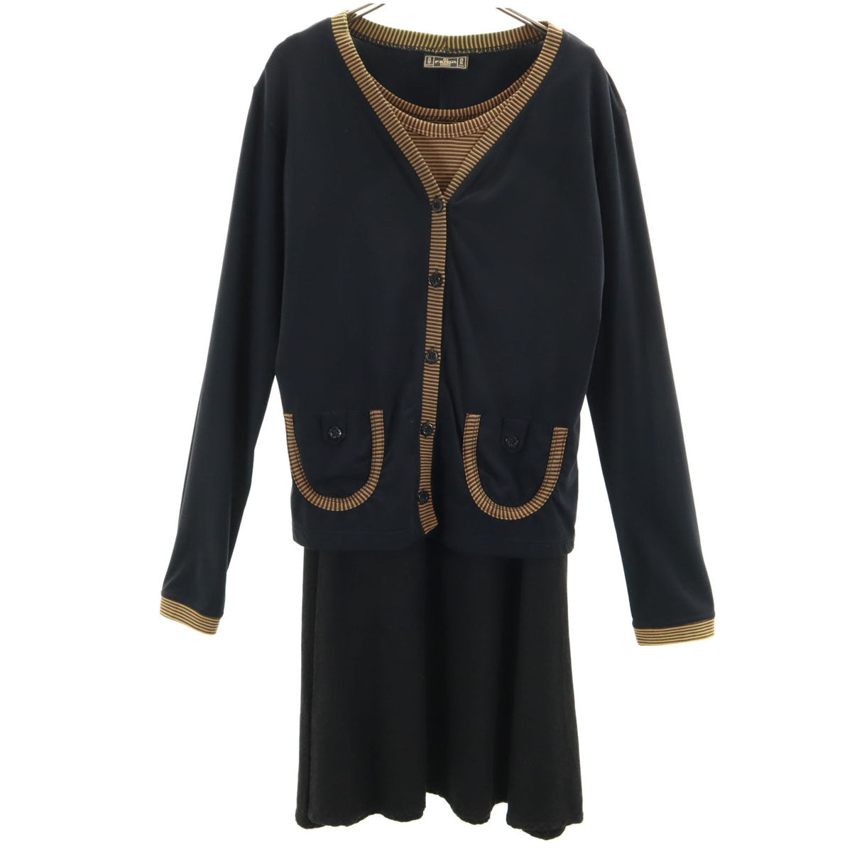 FENDI フェンディ イタリア製 ボーダー柄 長袖 アンサンブル 膝丈ワンピース 46 ネイビー カーディガン レディース