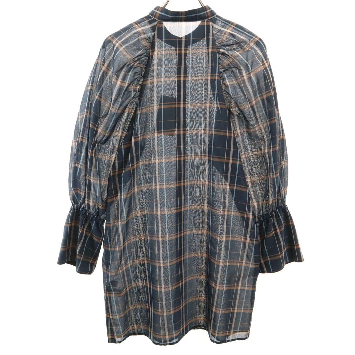 未使用 エメル リファインズ チェック柄 長袖 シアー シャツワンピース FREE ネイビー シースルー レディース