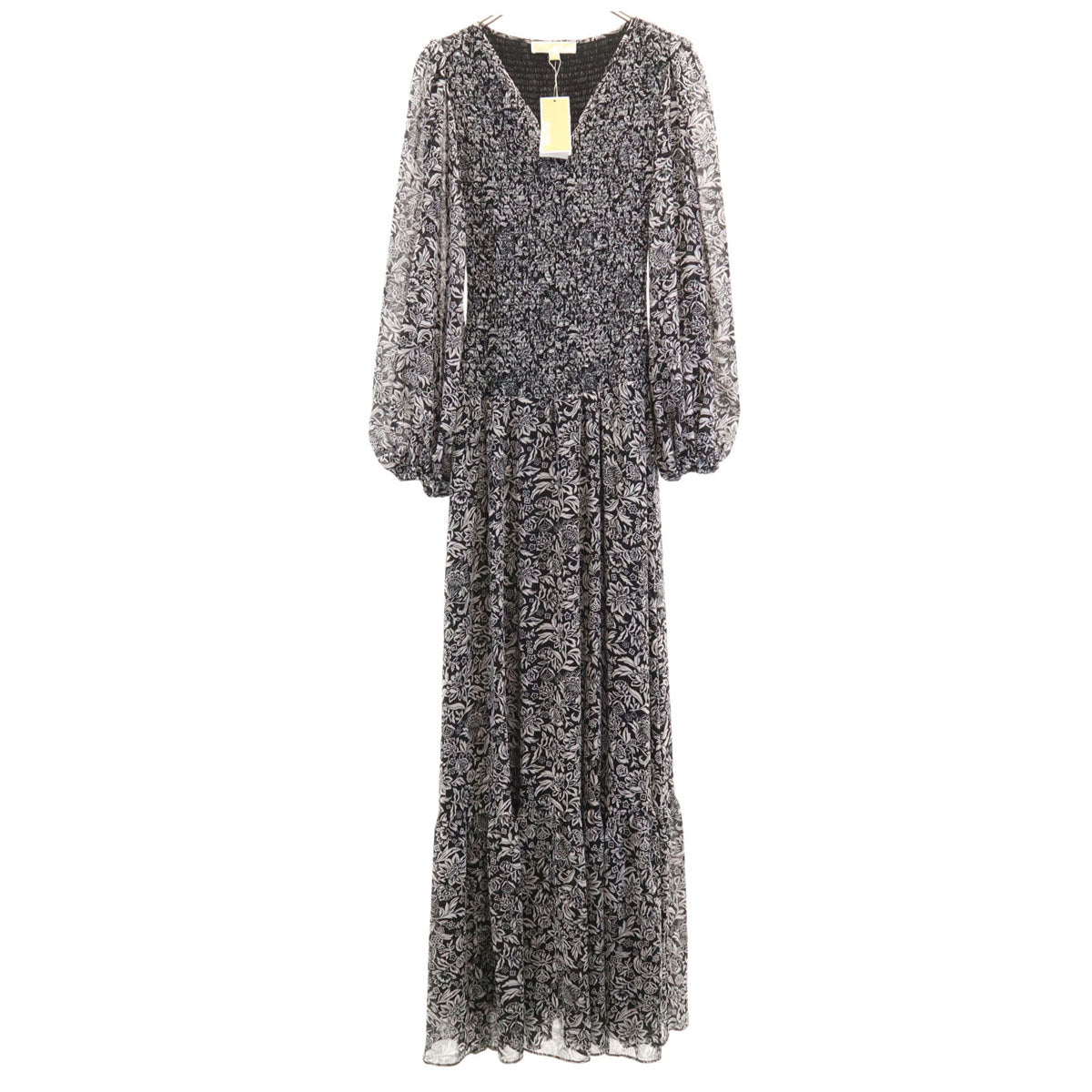 未使用 MICHAEL MICHAEL KORS マイケルマイケルコース 花柄 長袖 シアースリーブ ロングワンピース XS ブラック シースルー レディース