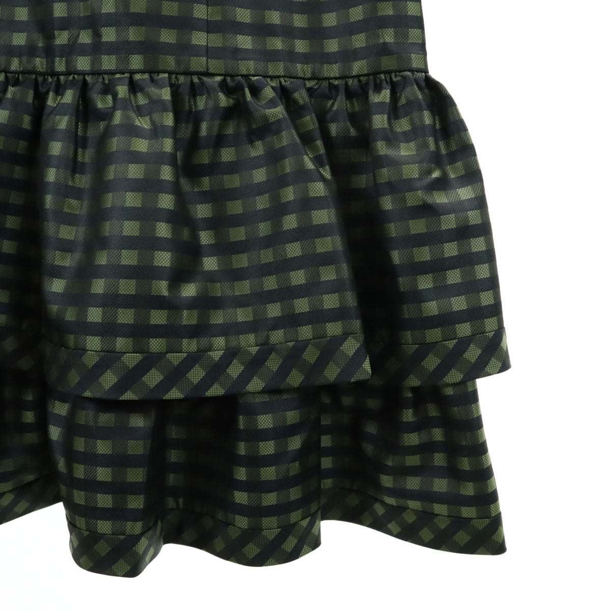 Rene ルネ 日本製 ギンガムチェック柄 ノースリーブ 裾フリル ワンピース 36 グリーン系 レディース