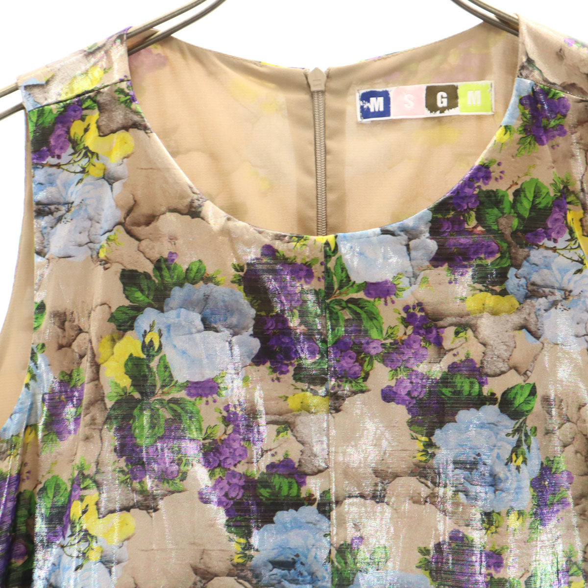 MSGM エムエスジーエム イタリア製 花柄 ノースリーブ ミニワンピース 42 ベージュブラウン レディース