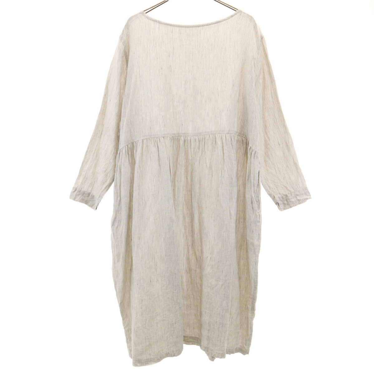 ichi イチ 日本製 リネン ストライプ柄 長袖 ボートネック ワンピース アイボリー レディース