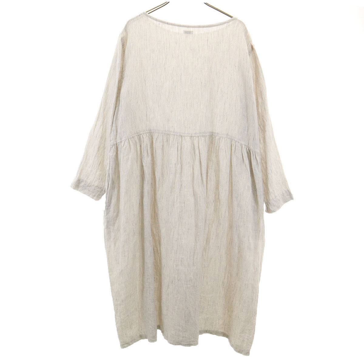 ichi イチ 日本製 リネン ストライプ柄 長袖 ボートネック ワンピース アイボリー レディース