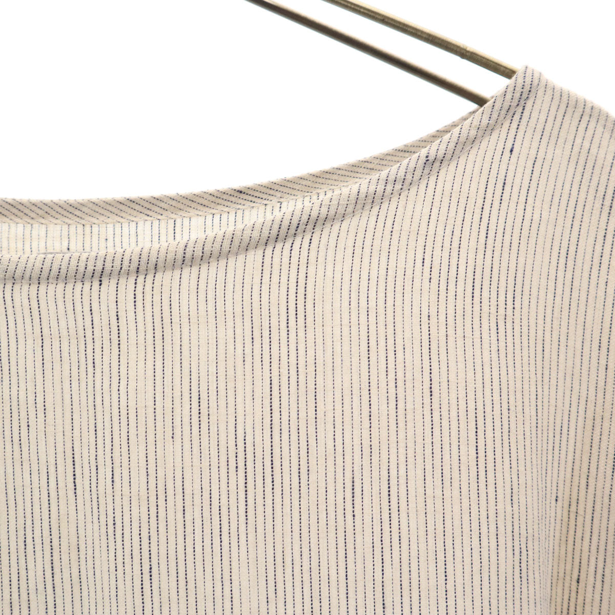 ichi イチ 日本製 リネン ストライプ柄 長袖 ボートネック ワンピース アイボリー レディース