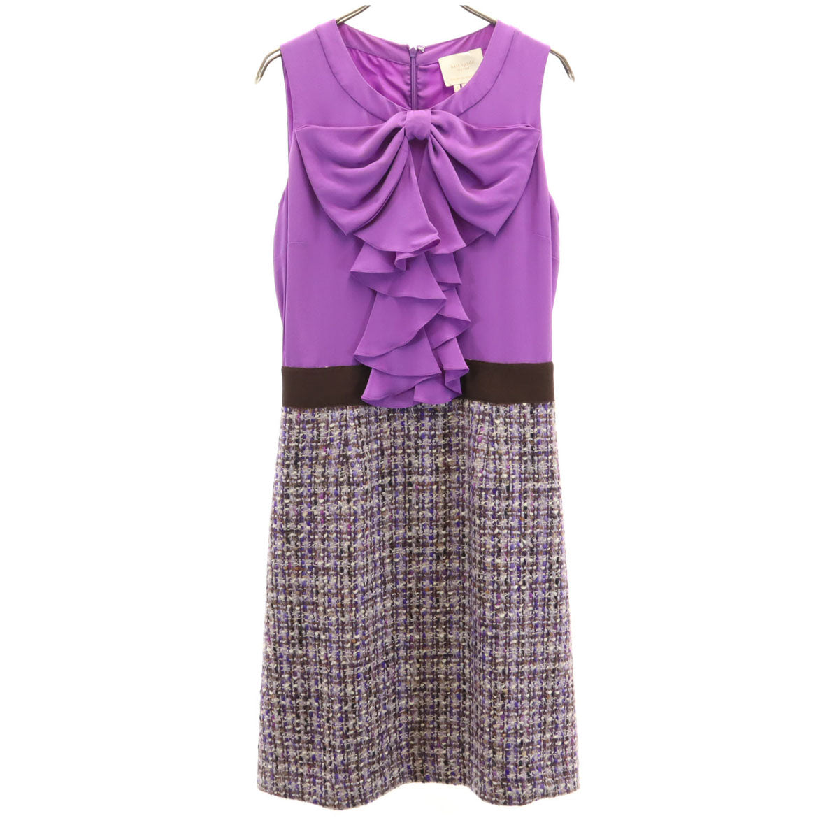 Kate Spade ケイトスペード シルク ツイード切替 ノースリーブ ワンピース 4 パープル 衣装カバー付き レディース