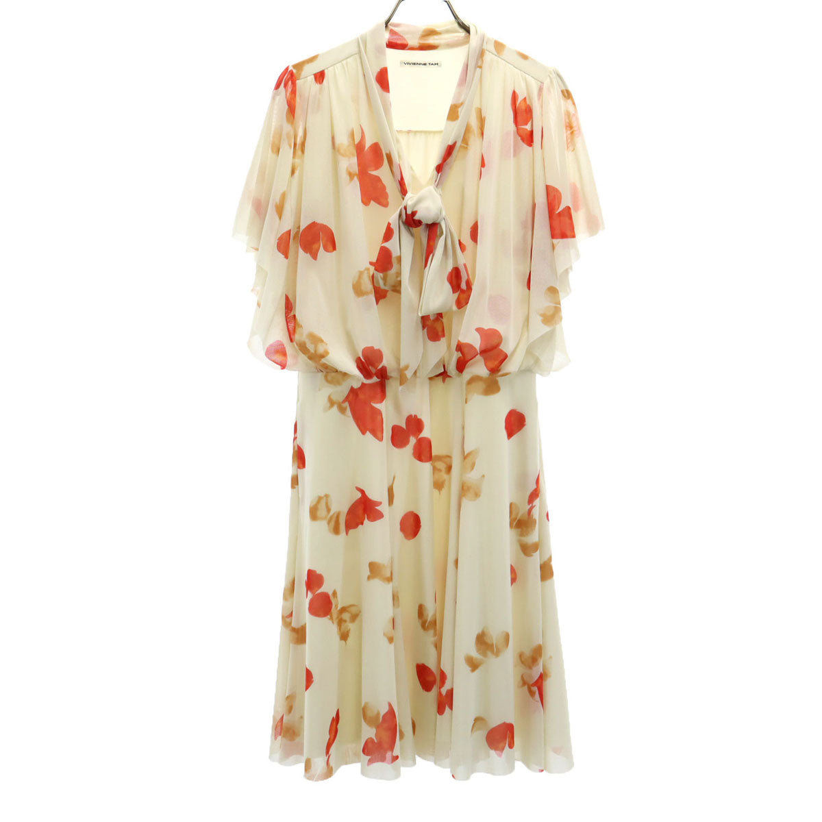 VIVIENNE TAM ヴィヴィアンタム 日本製 総柄 半袖 シフォン フレア ワンピース 0 ベージュ系 レディース