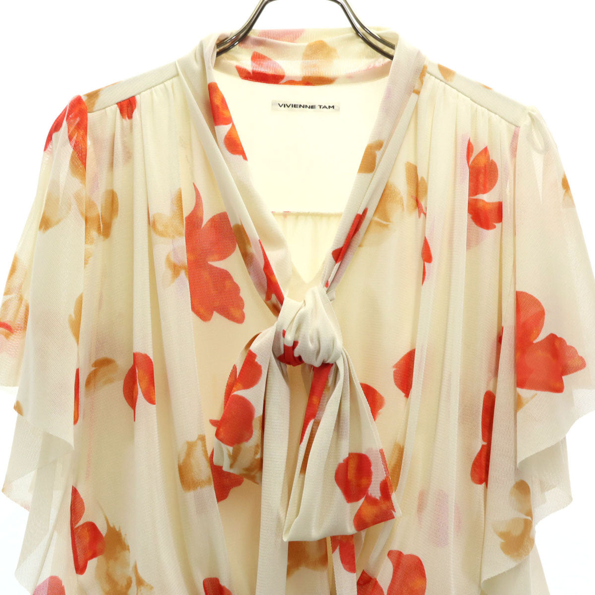 VIVIENNE TAM ヴィヴィアンタム 日本製 総柄 半袖 シフォン フレア ワンピース 0 ベージュ系 レディース