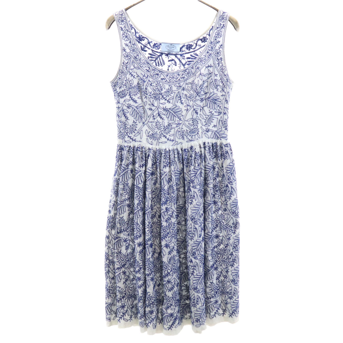 PRADA プラダ リーフ刺繍 ノースリーブ ミニワンピース 38 ホワイト レディース