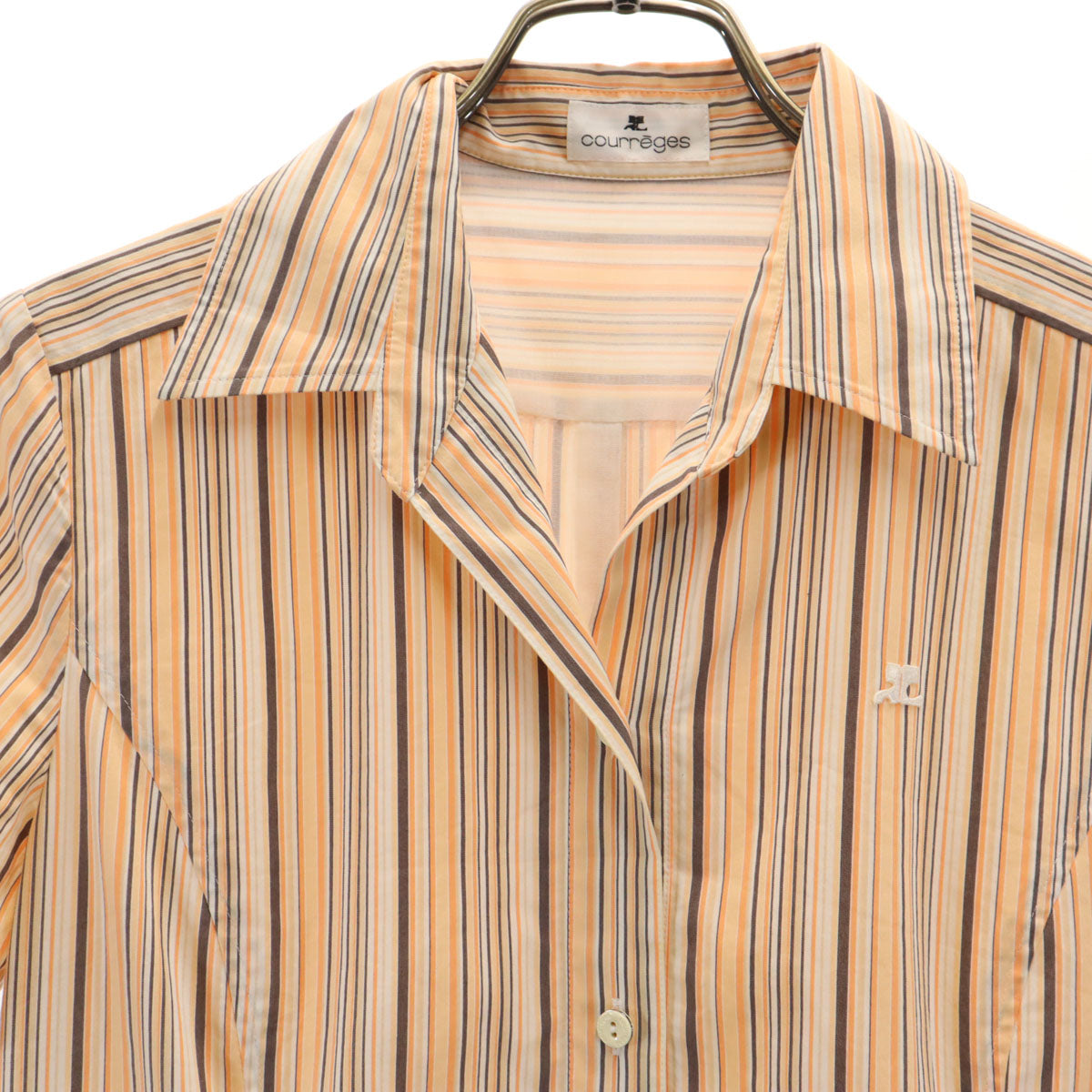 courreges クレージュ ストライプ柄 半袖 シャツワンピース 9AR オレンジ プルオーバー レディース