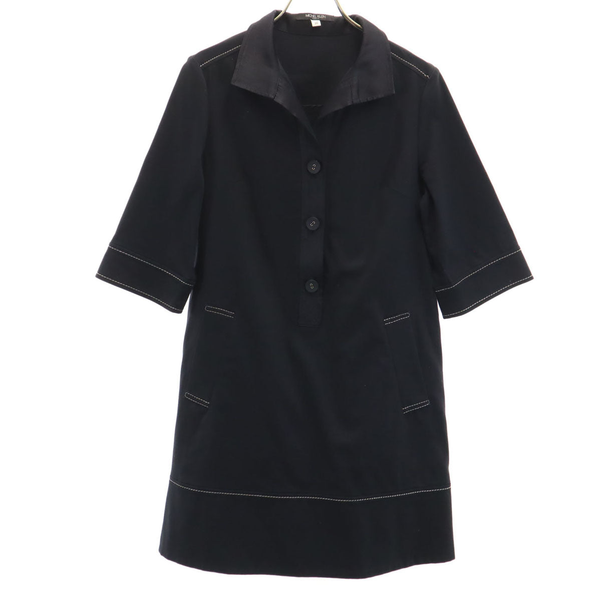 MICHEL KLEIN ミッシェルクラン リネンブレンド 5分袖 シャツワンピース 38 ブラック プルオーバー レディース
