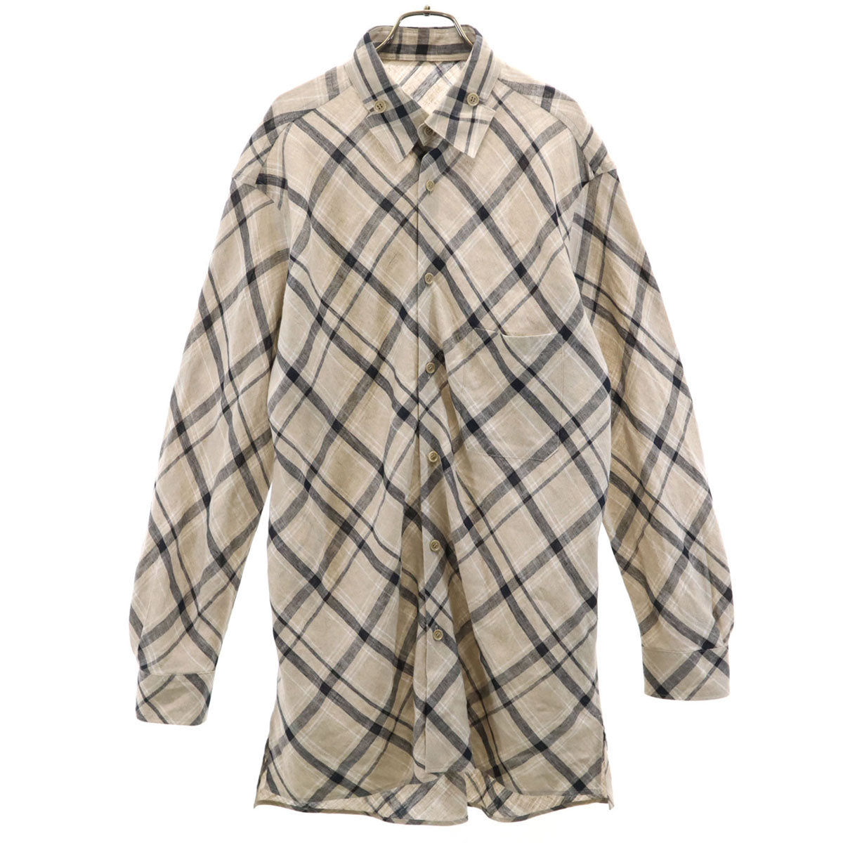 Y’s BANG ON! ワイズ バングオン 日本製 リネン チェック柄 長袖 ロング シャツ 2 グレージュ ヨウジヤマモト メンズ Y's BANG ON! ワイズ バングオン 日本製 リネン チェック柄 長袖