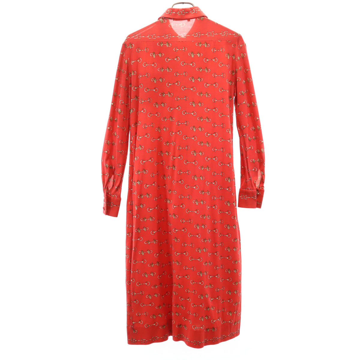 HERMES エルメス 80s フランス製 ヴィンテージ 総柄 長袖 シャツワンピース 38 レッド プルオーバー レディース