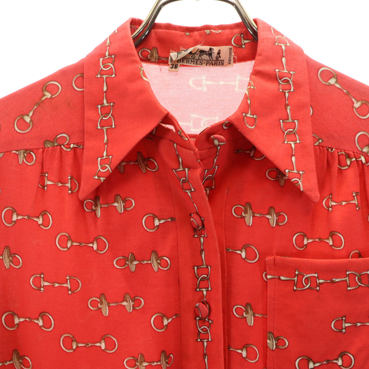 HERMES エルメス 80s フランス製 ヴィンテージ 総柄 長袖 シャツワンピース 38 レッド プルオーバー レディース