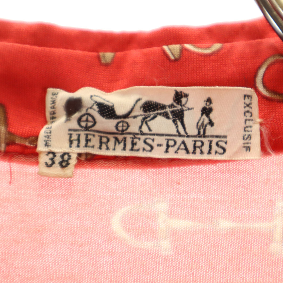 HERMES エルメス 80s フランス製 ヴィンテージ 総柄 長袖 シャツワンピース 38 レッド プルオーバー レディース