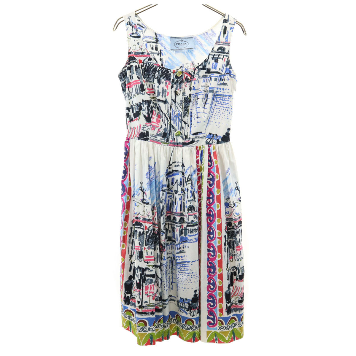 PRADA プラダ イタリア製 総柄 ノースリーブ ワンピース 38 ホワイト レディース