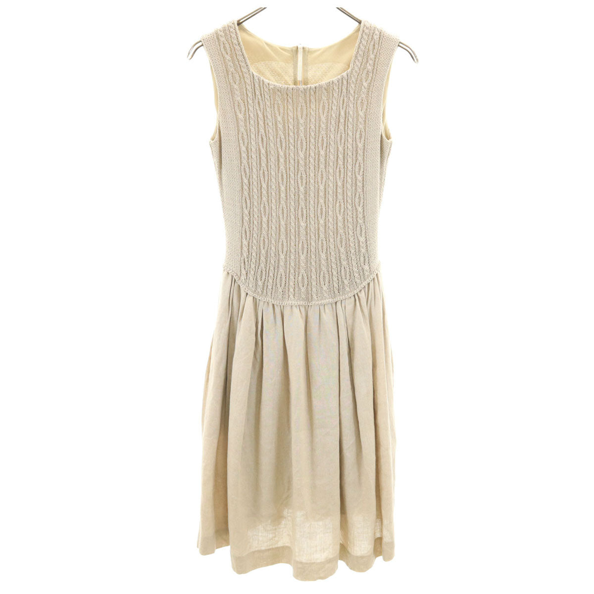 FOXEY フォクシー 日本製 リネンブレンド ノースリーブ ニット切替 ギャザー ワンピース 40 グレージュ レディース