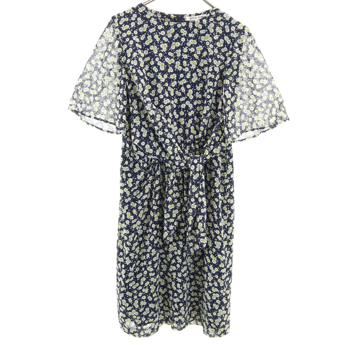 HANAE MORI 森英恵 ハナエモリ 日本製 花柄 半袖 ロングワンピース 38 ネイビー系 バックファスナー レディース