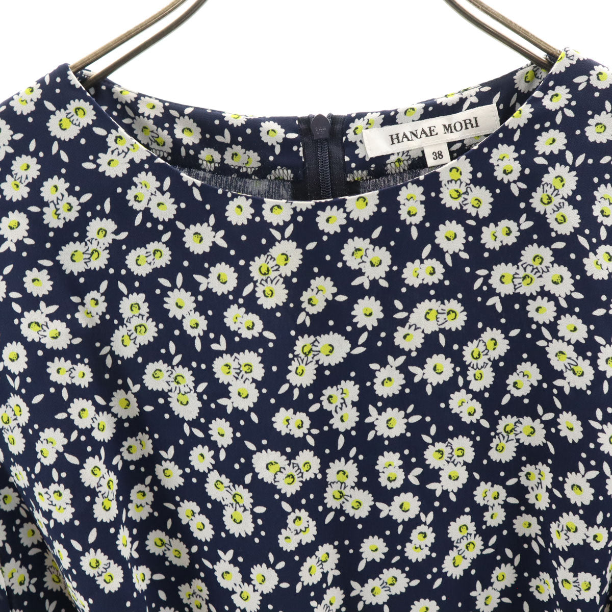 HANAE MORI 森英恵 ハナエモリ 日本製 花柄 半袖 ロングワンピース 38 ネイビー系 バックファスナー レディース