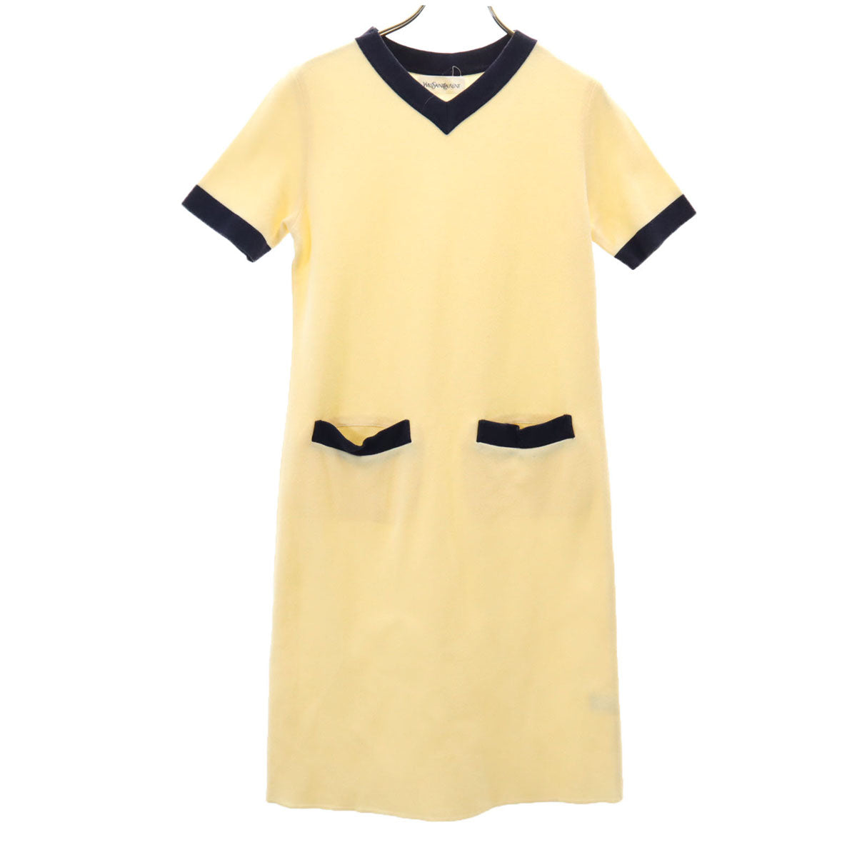 YVES SAINT LAURENT イヴサンローラン 90s 日本製 オールド 半袖 Vネック ニット ワンピース M グリームイエロー レディース