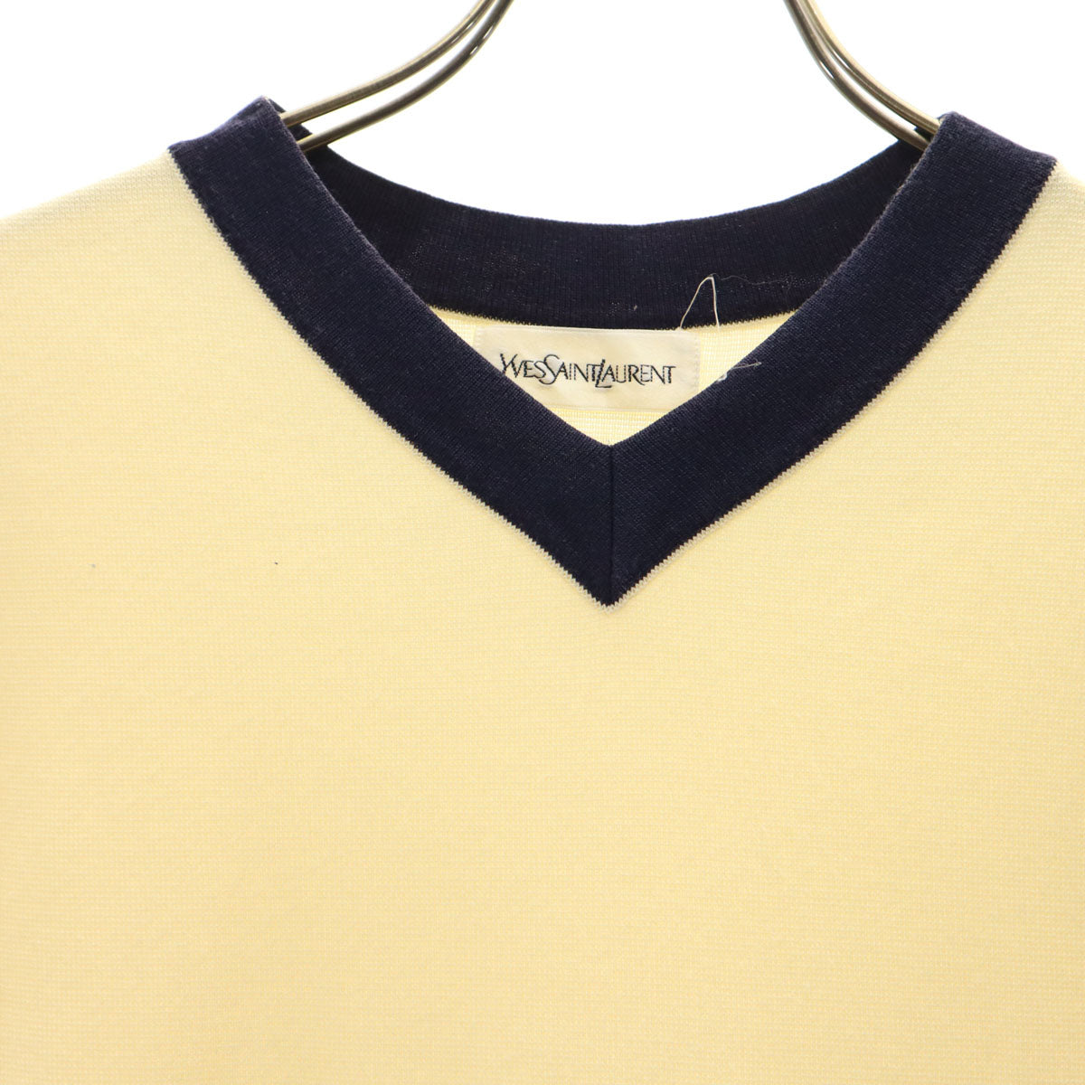 YVES SAINT LAURENT イヴサンローラン 90s 日本製 オールド 半袖 Vネック ニット ワンピース M グリームイエロー レディース