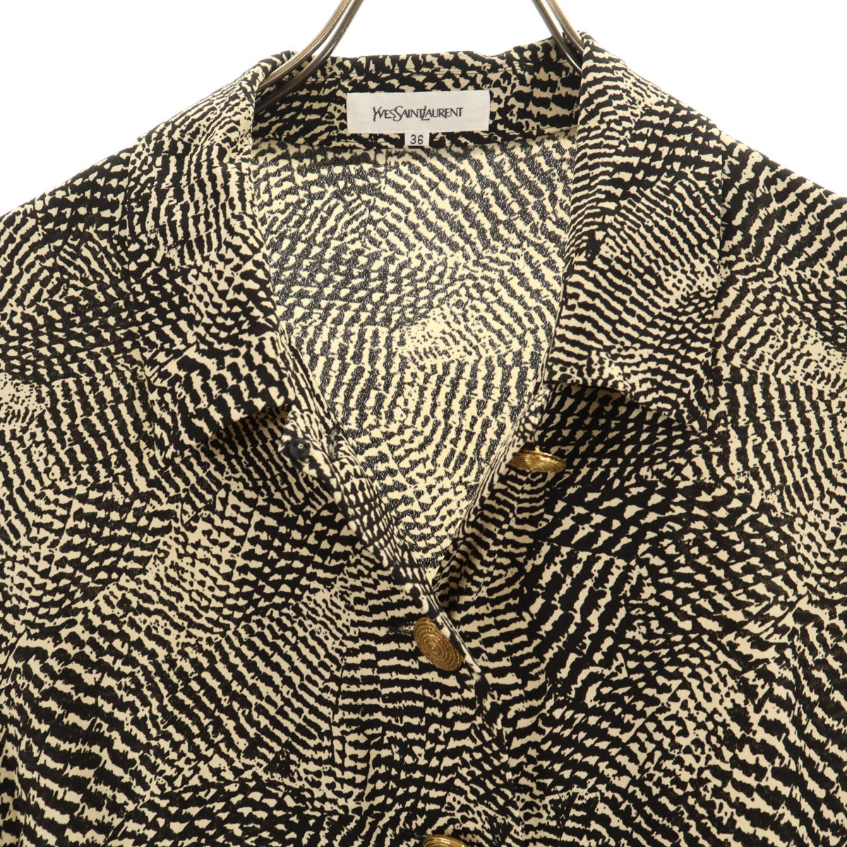 YVES SAINT LAURENT イヴサンローラン 90s オールド 総柄 長袖 ハーフボタン 膝丈ワンピース 36 ブラック系 レディース
