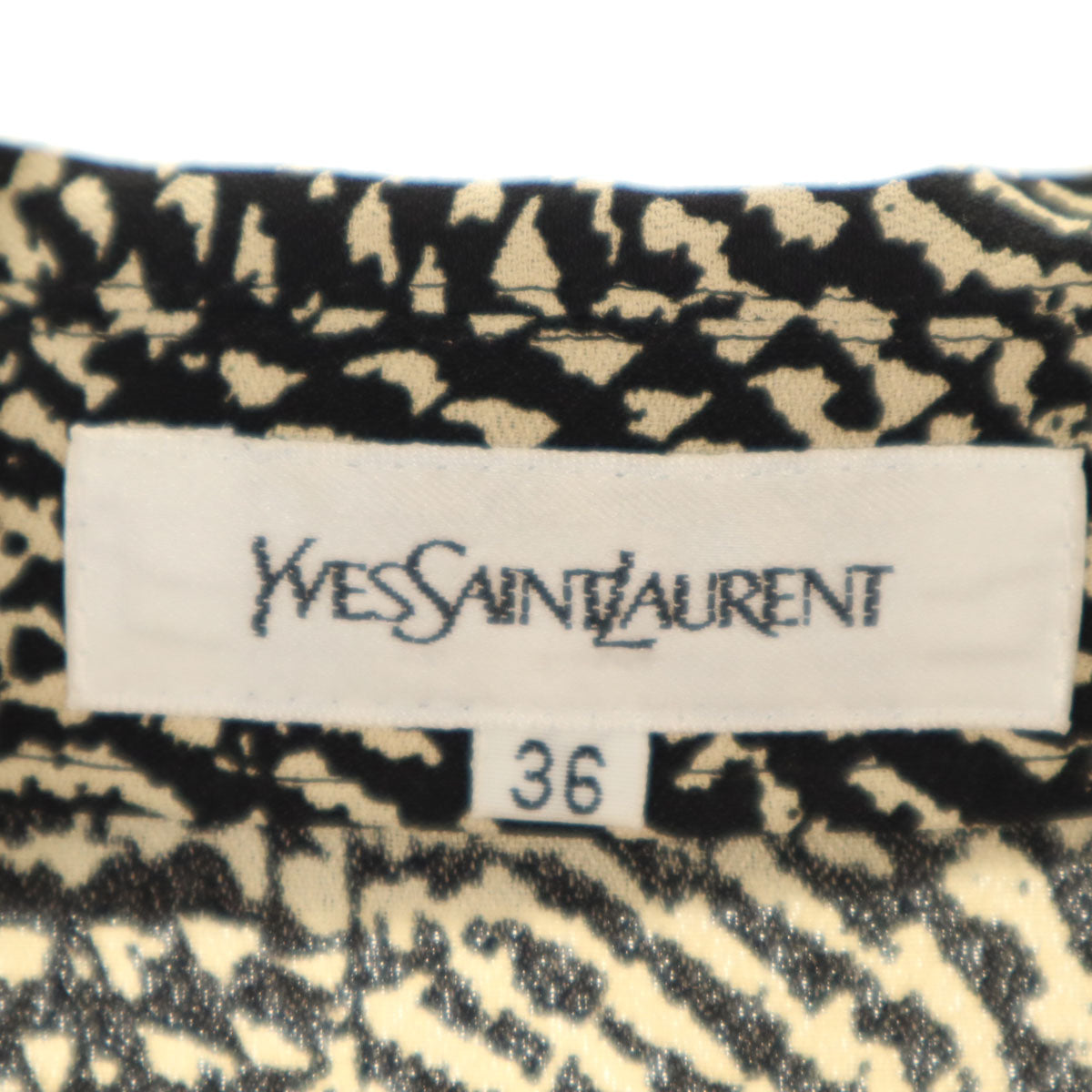 YVES SAINT LAURENT イヴサンローラン 90s オールド 総柄 長袖 ハーフボタン 膝丈ワンピース 36 ブラック系 レディース