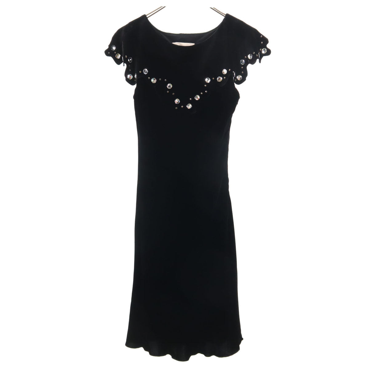 Emporio Armani エンポリオアルマーニ イタリア製 フレンチスリーブ ベロア ビジュー付 膝丈ワンピース 38 黒 レディース