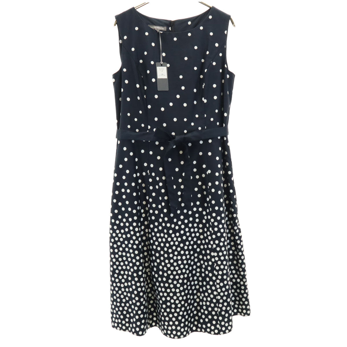 Laura Ashley ローラアシュレイ ドット柄 ノースリーブ ワンピース 11 ネイビー系 水玉 レディース LAURA ASHLEY ネイビー ドット柄 半袖ワンピース サイズ11