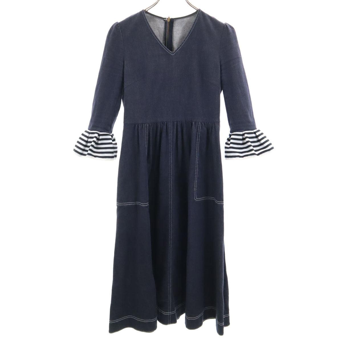 BORDERS at BALCONY ボーダーズアットバルコニー 日本製 長袖 Vネック デニム ワンピース 36 インディゴ レディース