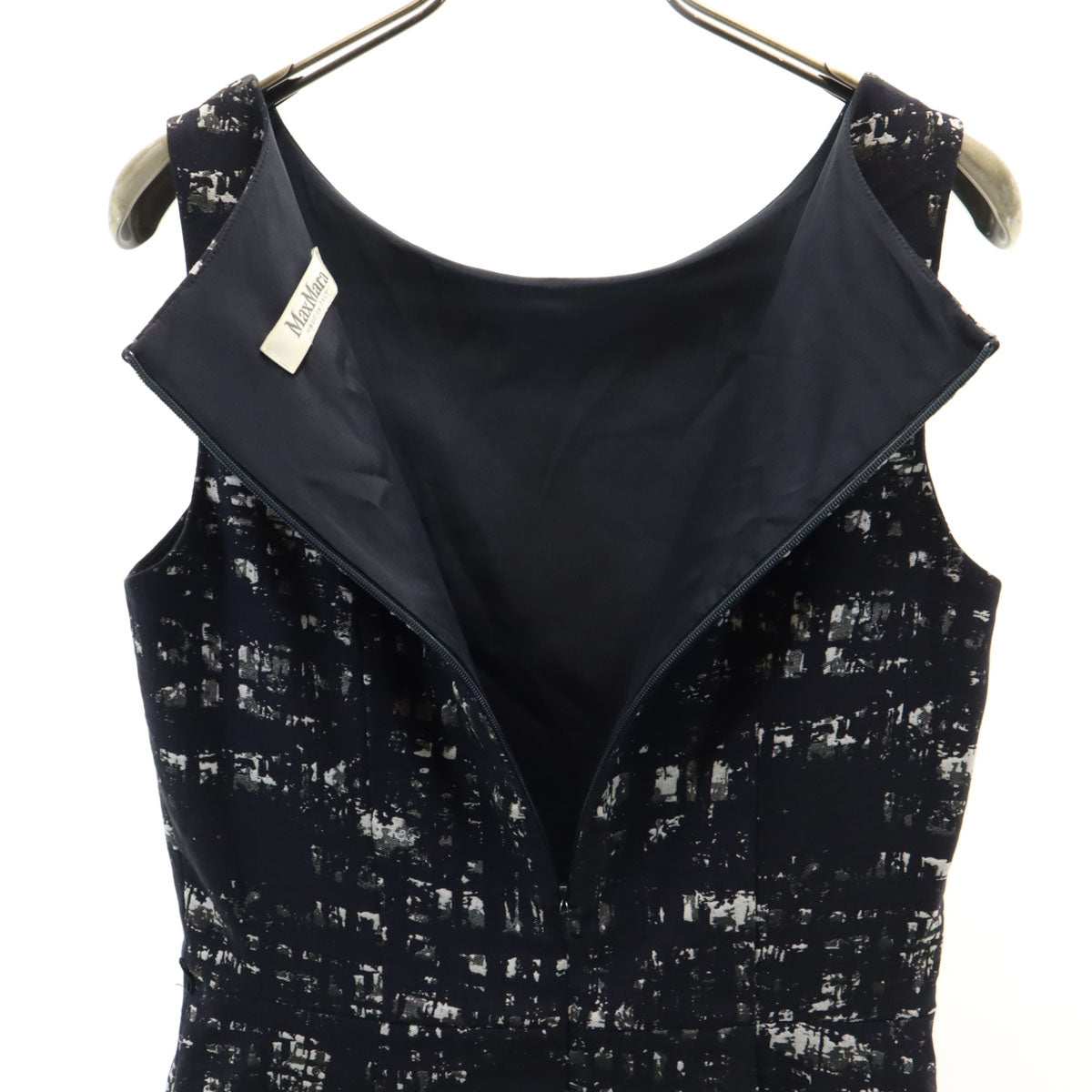 MAX MARA マックスマーラ イタリア製 総柄 ノースリーブ 膝丈ワンピース ネイビー ストレッチ レディース