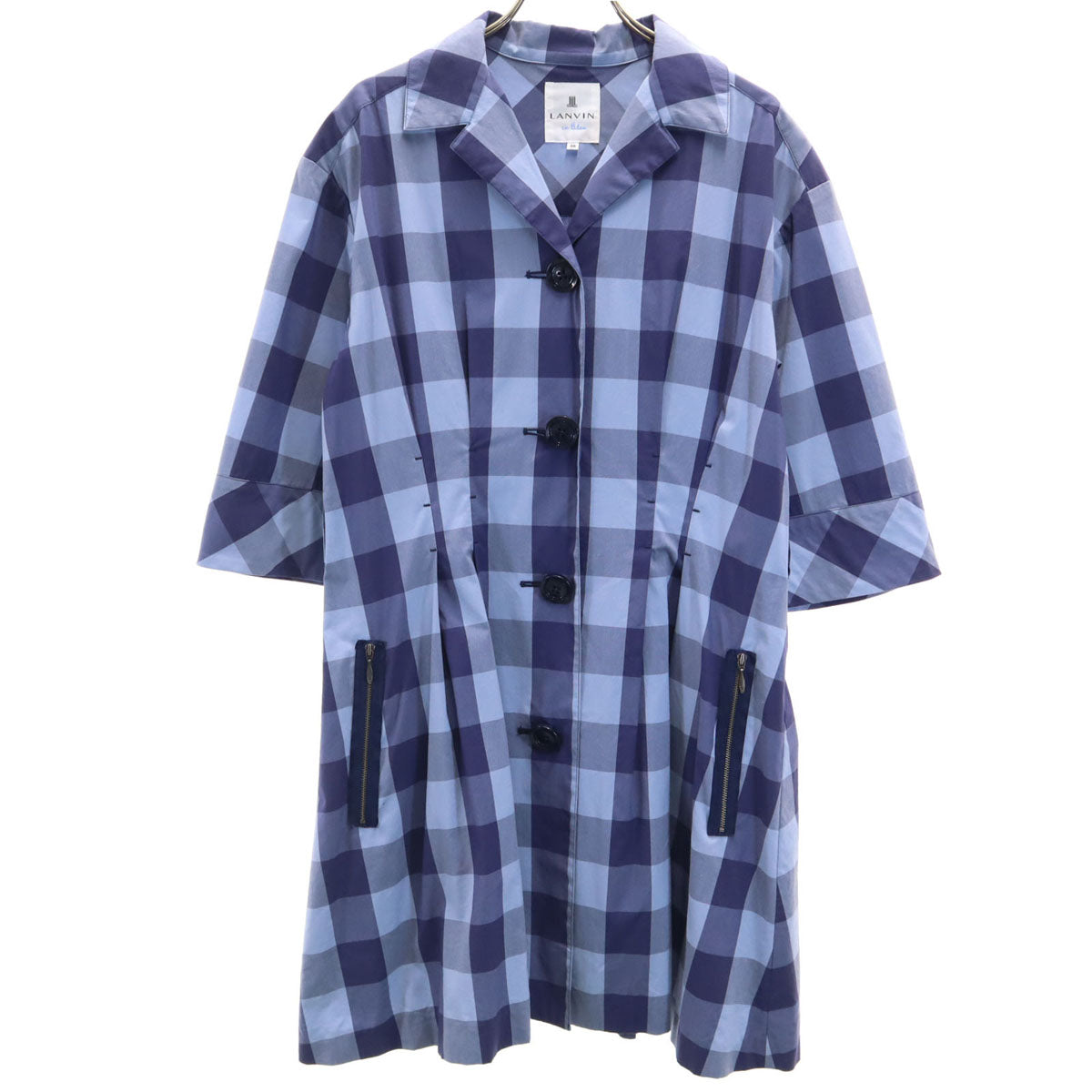 LANVIN en Bleu ランバンオンブルー 日本製 ギンガムチェック柄 5分袖 オープンカラー ミニ シャツワンピース 38 ブルー系 レディース