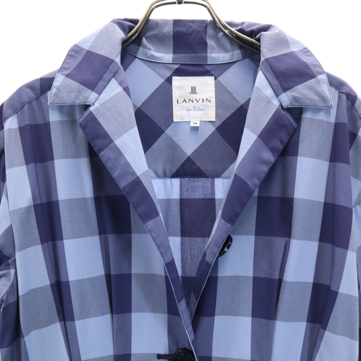 LANVIN en Bleu ランバンオンブルー 日本製 ギンガムチェック柄 5分袖 オープンカラー ミニ シャツワンピース 38 ブルー系 レディース