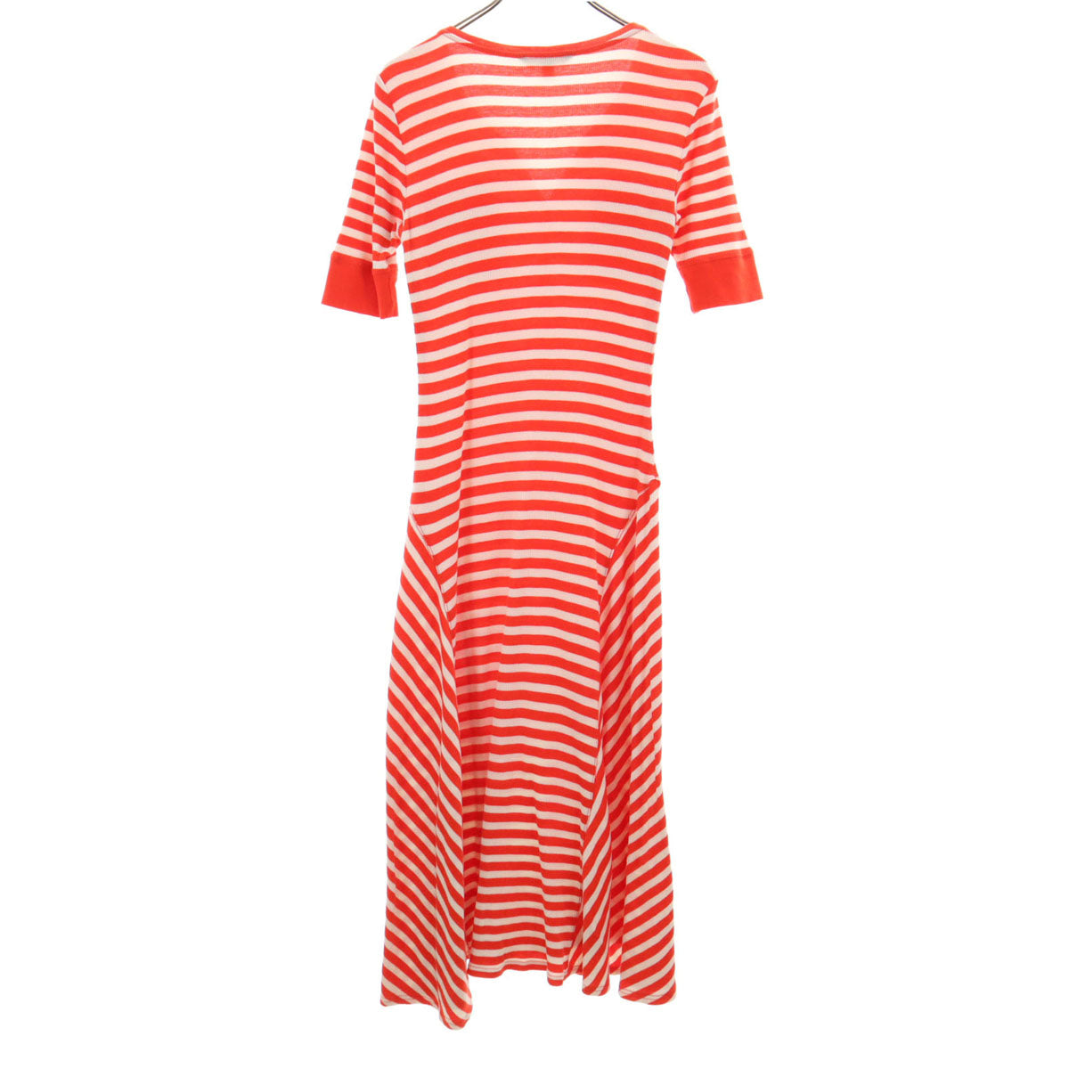 LAUREN RALPH LAUREN ローレンラルフローレン ボーダー柄 半袖 スキッパーカラー ニット ロングワンピース M オレンジ レディース