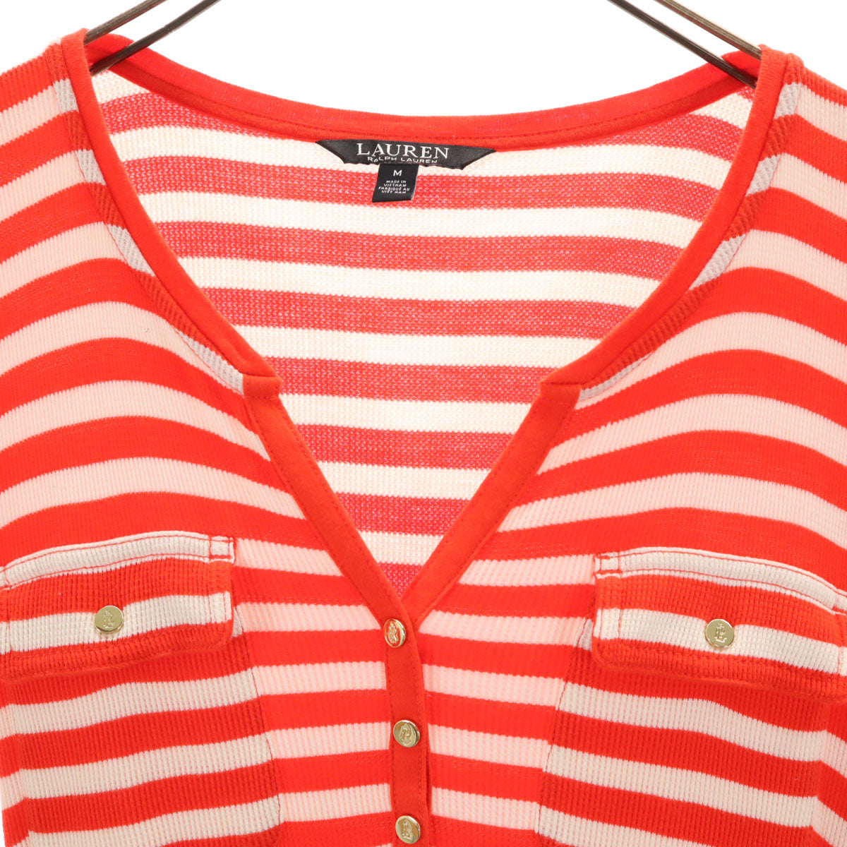 LAUREN RALPH LAUREN ローレンラルフローレン ボーダー柄 半袖 スキッパーカラー ニット ロングワンピース M オレンジ レディース