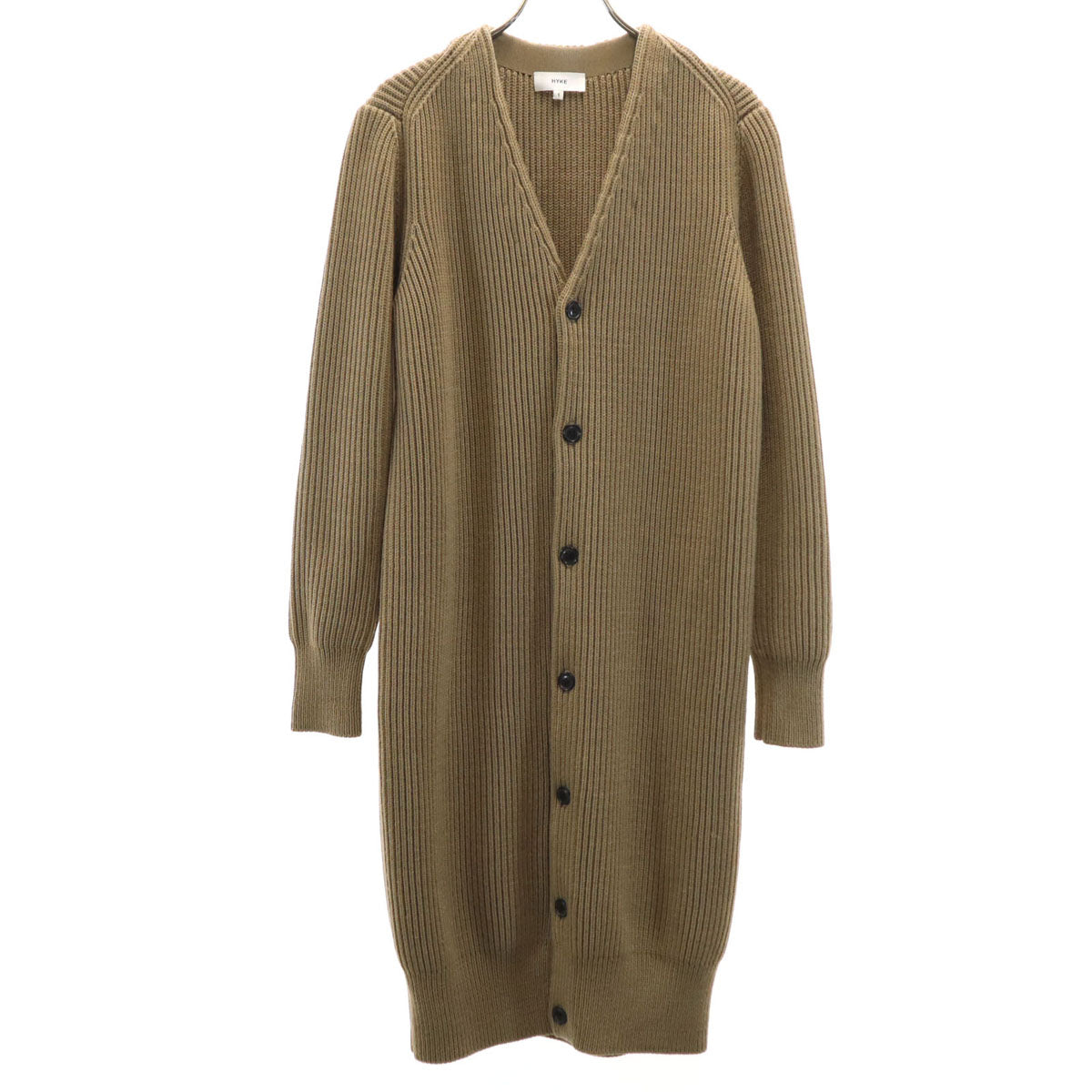 HYKE ハイク 長袖 Vネック リブ ニットカーディガン 1 ベージュブラウン ロング丈 レディース