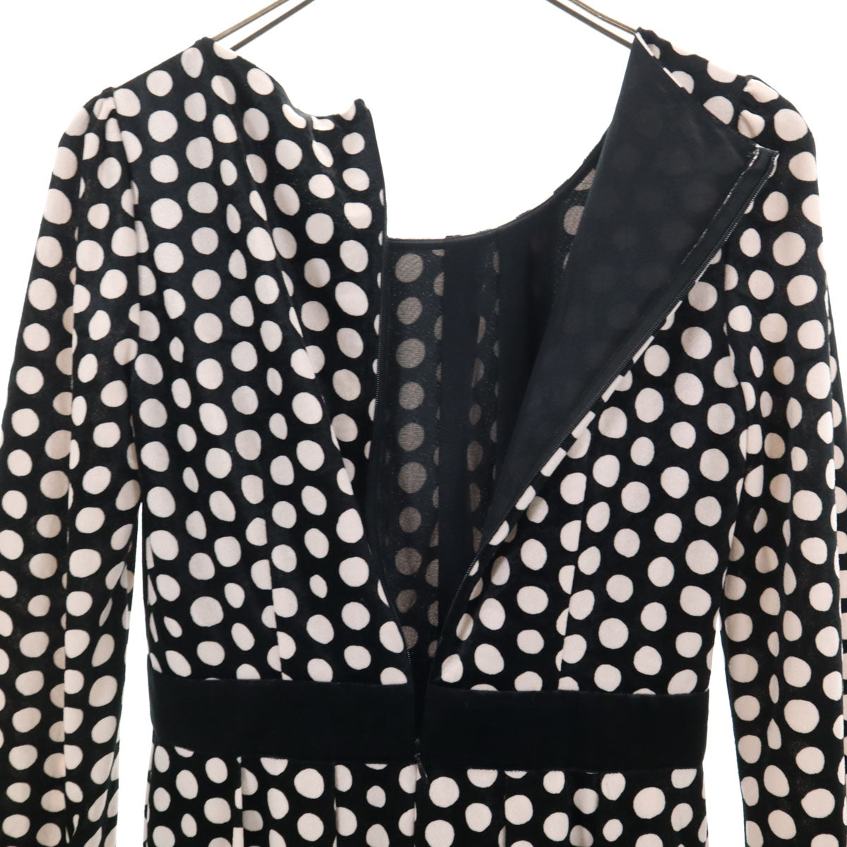 ANAYI アナイ 日本製 ドット柄 長袖 ベロア調 ワンピース 38 ブラック系 水玉 レディース