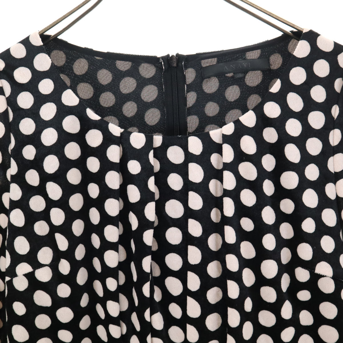 ANAYI アナイ 日本製 ドット柄 長袖 ベロア調 ワンピース 38 ブラック系 水玉 レディース